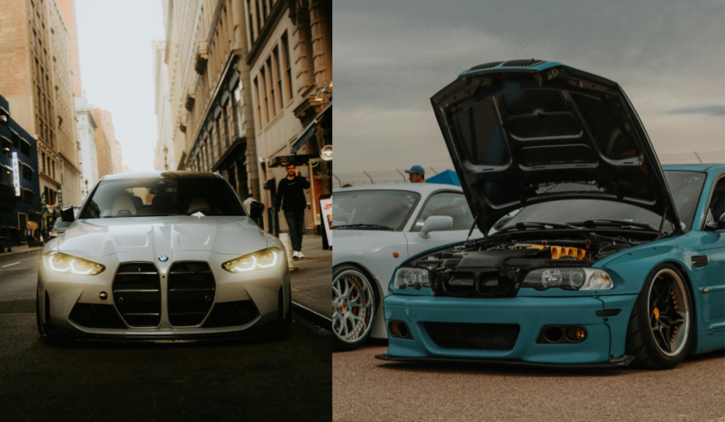 Split image: On the left, a silver BMW with headlights on is parked on a city street, possibly after a chandler windshield replacement. On the right, a turquoise BMW with its hood open is displayed at a car event, parked on asphalt next to another car.