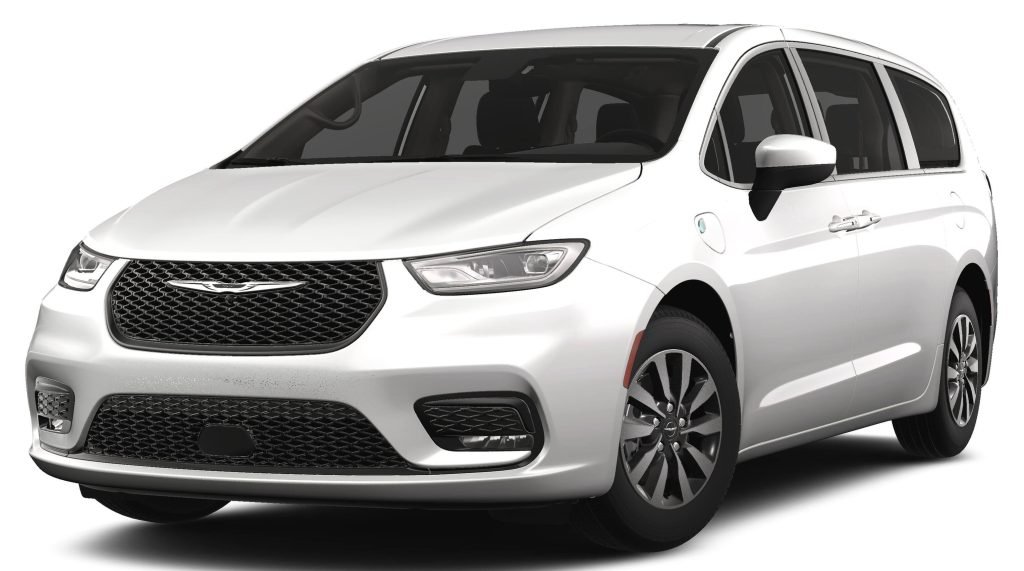 A white Chrysler minivan angled left is displayed on a plain white background, showcasing its sleek design.