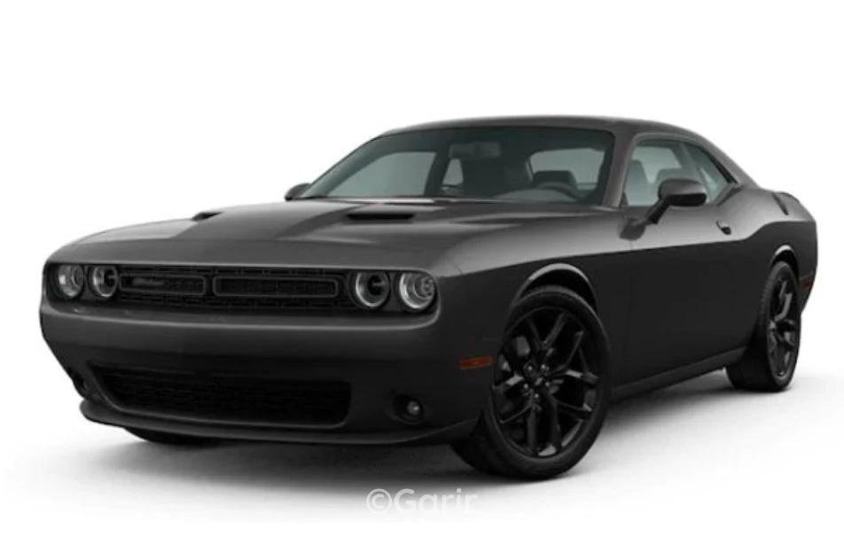 A matte black Dodge Challenger coupe is angled to the left on a plain white background.