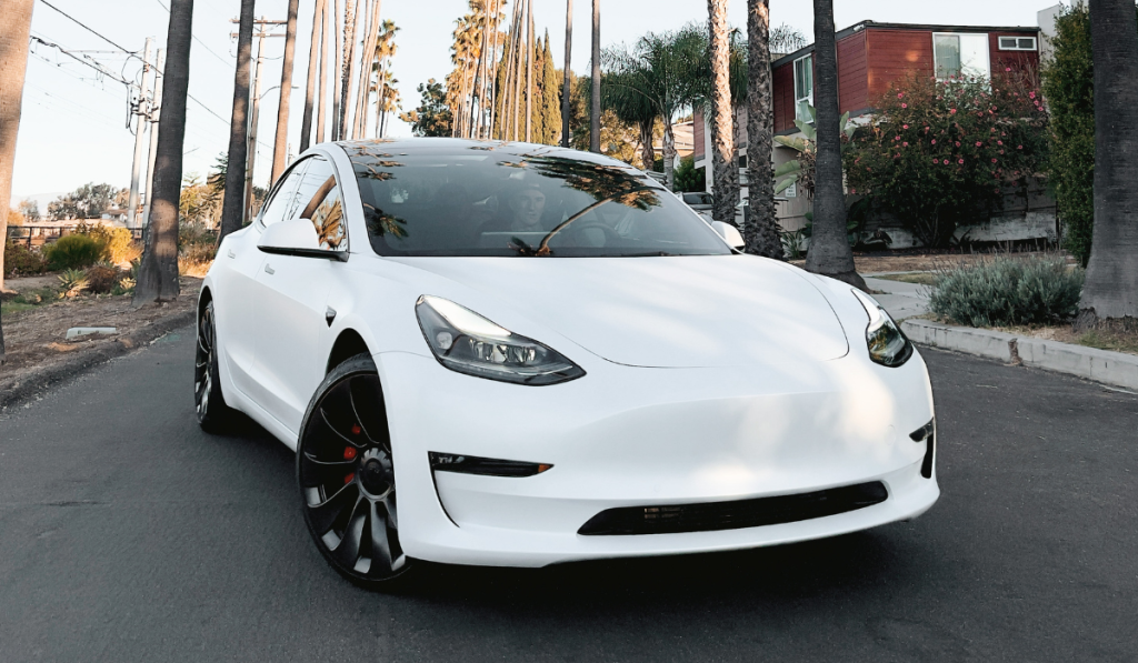 A white Tesla Model 3 is parked on a street lined with palm trees and modern houses on a sunny day.