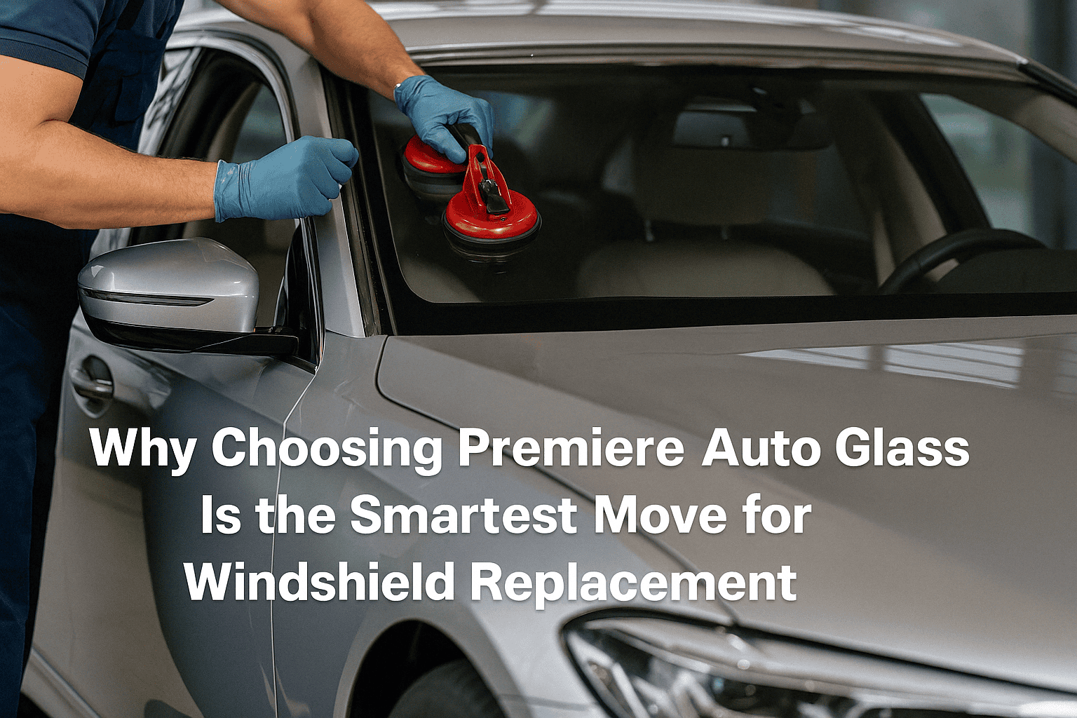 A technician uses suction tools to install a windshield on a silver car. The text reads, "Why Choosing Premiere Auto Glass Is the Smartest Move for Windshield Replacement.