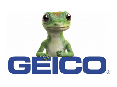 A green gecko with large eyes leans on the blue GEICO logo, with a white background for insurance branding.