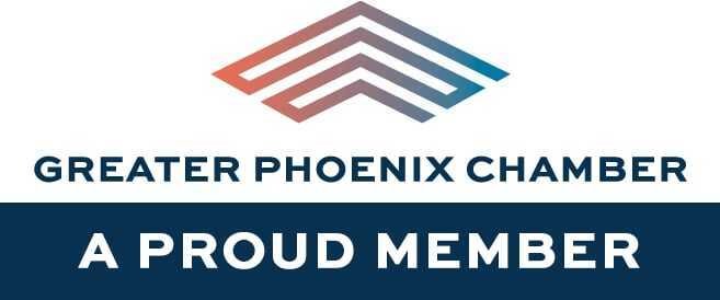 Greater Phoenix Chamber logo displayed above “A Proud Member” on a blue and white background.