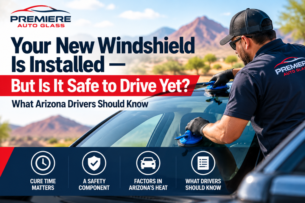 A technician installs a Premiere Auto Glass windshield featuring safety icons for drive-away time.