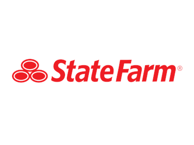 The State Farm logo features three red ovals stacked next to the red "State Farm" text on a white background.