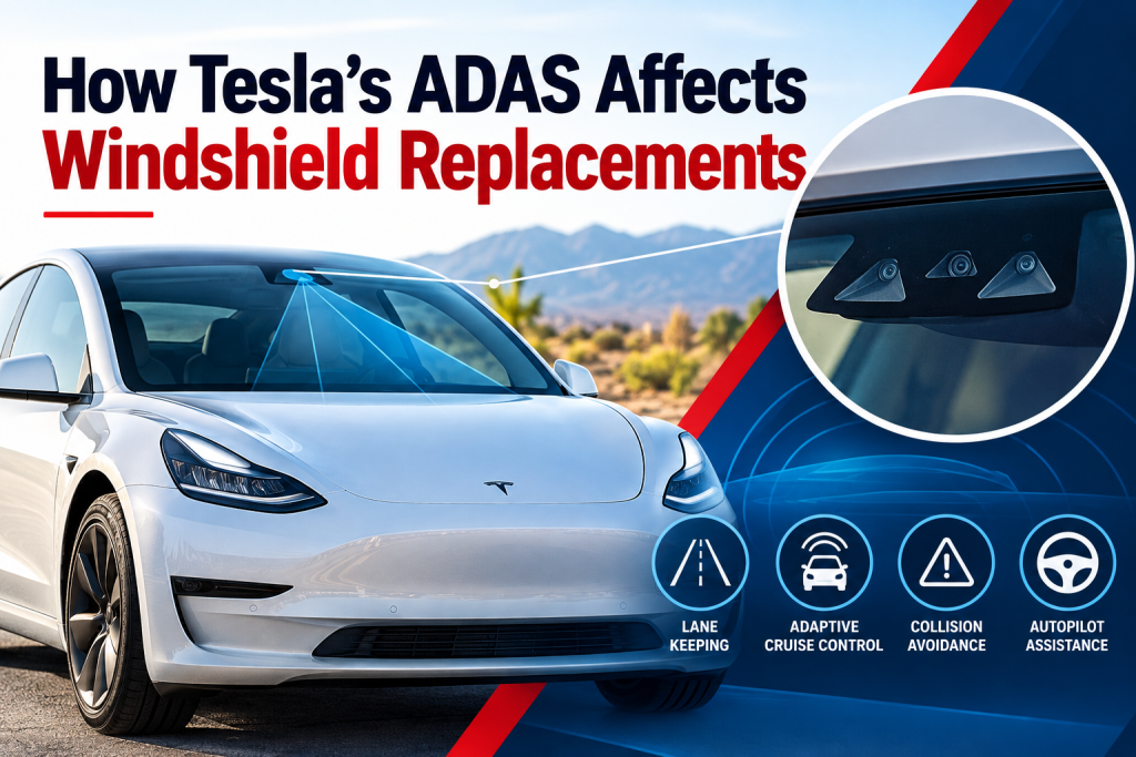 A white Tesla displays windshield sensors and ADAS icons, illustrating ADAS impact on replacements.