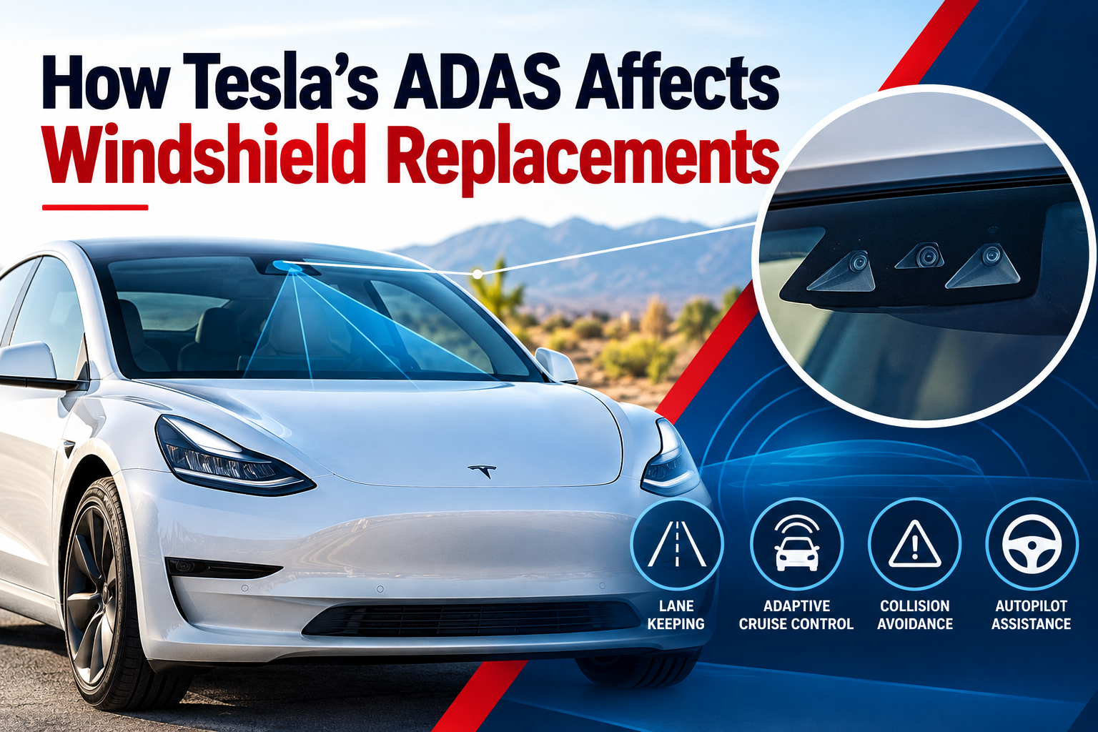A white Tesla displays windshield sensors and ADAS icons, illustrating ADAS impact on replacements.