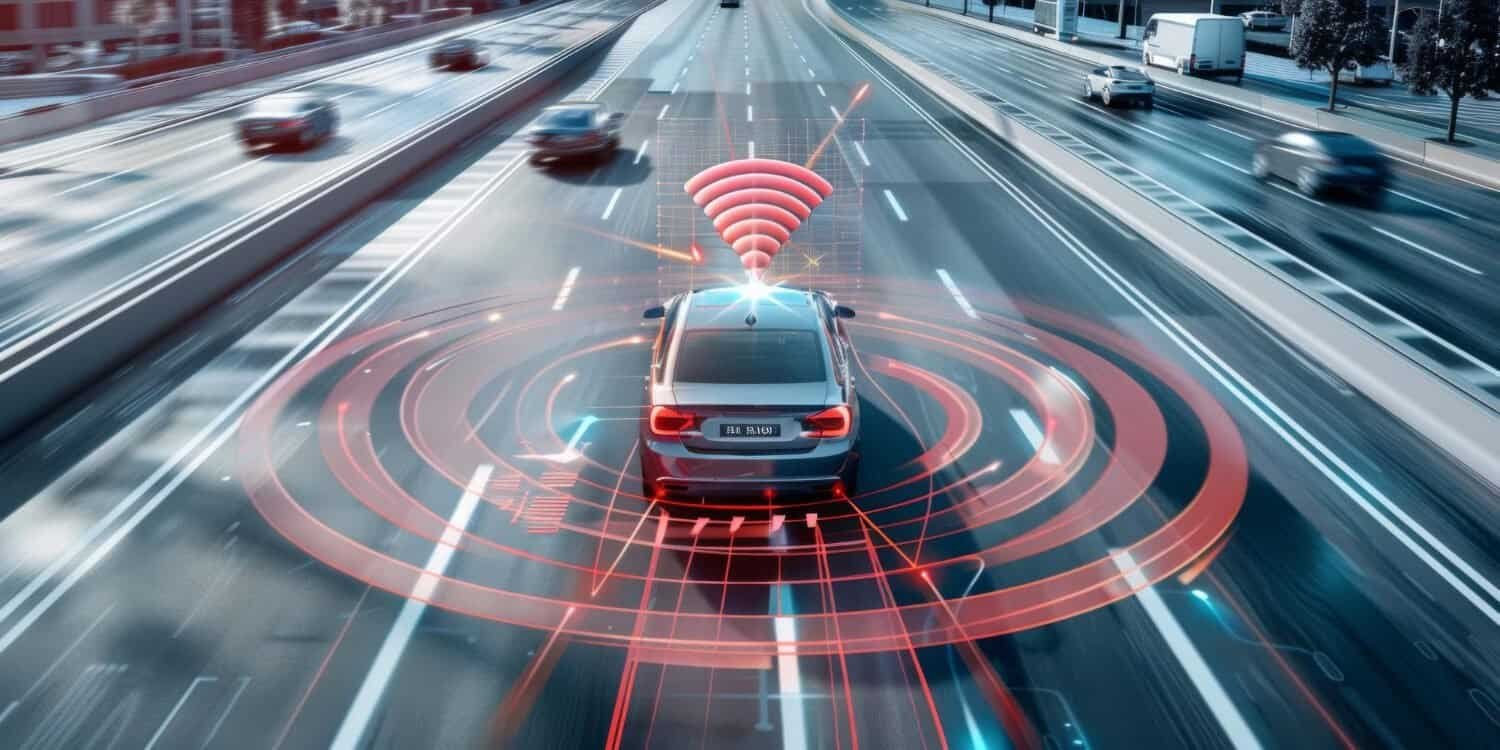 A car equipped with advanced technology and precise ADAS calibration drives on a highway. Red digital waves and icons surround the vehicle, symbolizing connectivity features such as Wi-Fi and sensors. Other cars are visible on the multi-lane road under a cloudy sky.