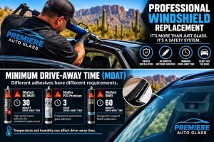 A technician replaces a car windshield, with adhesive options and minimum drive-away times shown below.