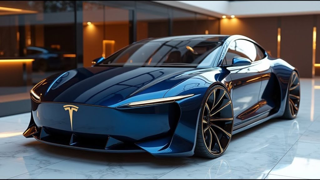 A sleek, futuristic blue Tesla sports car with gold accents is parked indoors on a glossy white floor, surrounded by modern architecture and warm ambient lighting.