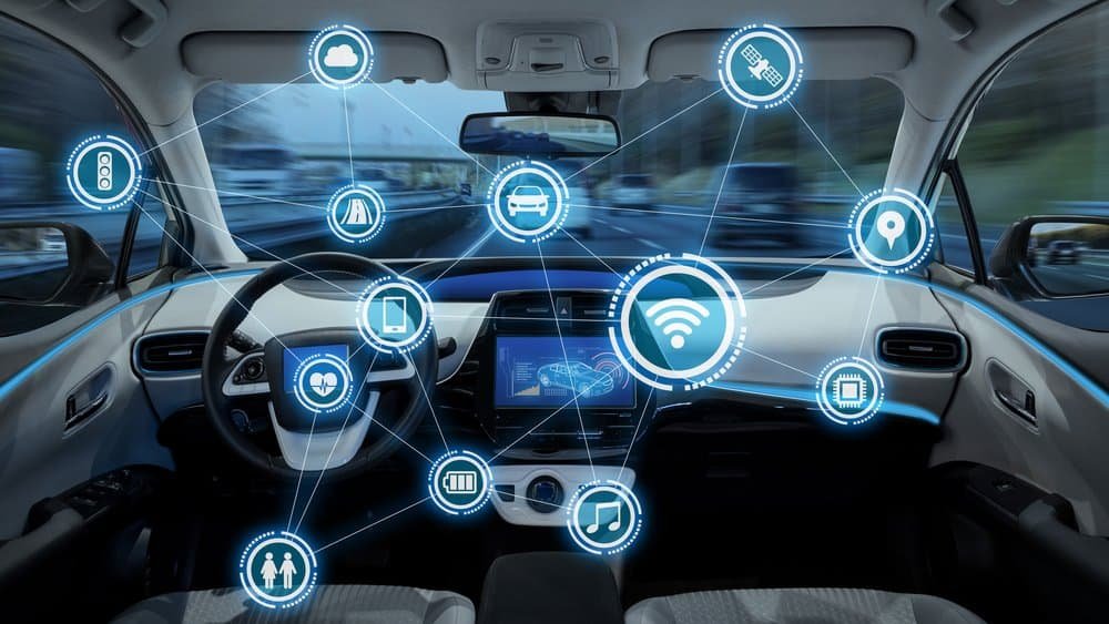 Interior of a car with a steering wheel and dashboard. Various digital icons, such as Wi-Fi, music, and GPS, are overlaid, highlighting connectivity features. A blurred road outside suggests motion while ADAS calibration ensures safety even after windshield replacement.